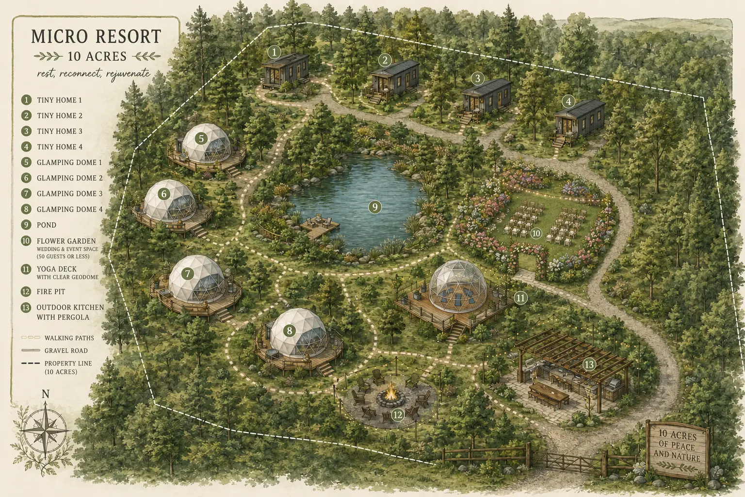 Illustrated site plan of the Longleaf Reserve micro-resort on ten forested acres: four tiny homes among the pines, four glamping domes beside a central pond, a yoga deck under a clear dome, a flower-garden event space, a fire pit, and an outdoor kitchen — all connected by gravel roads and walking paths within a marked ten-acre property line.