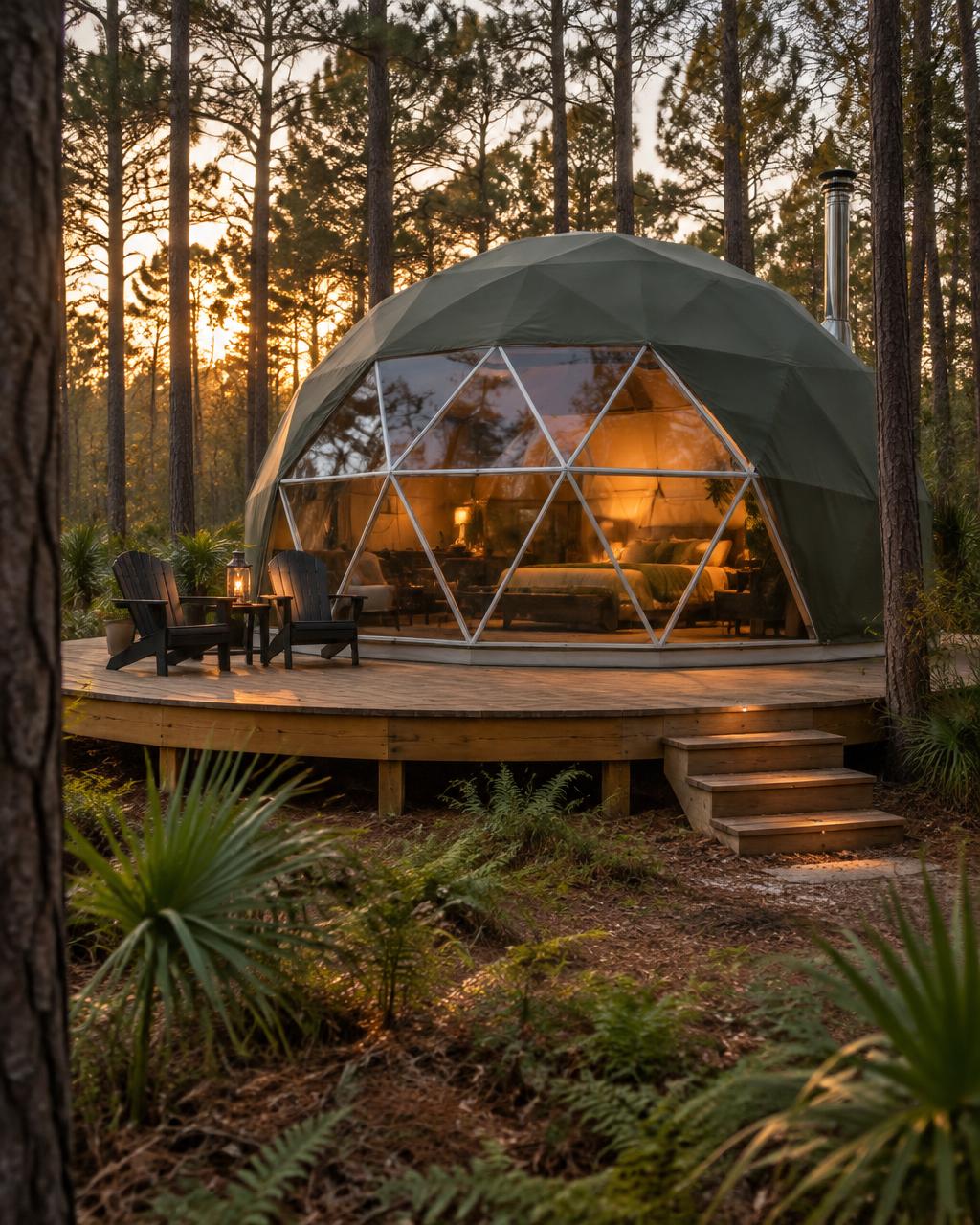 A luxury geodesic dome with a dark olive cover, white steel frame, and panoramic glass bay window glowing warmly at dusk, set on a wooden deck surrounded by tall pines