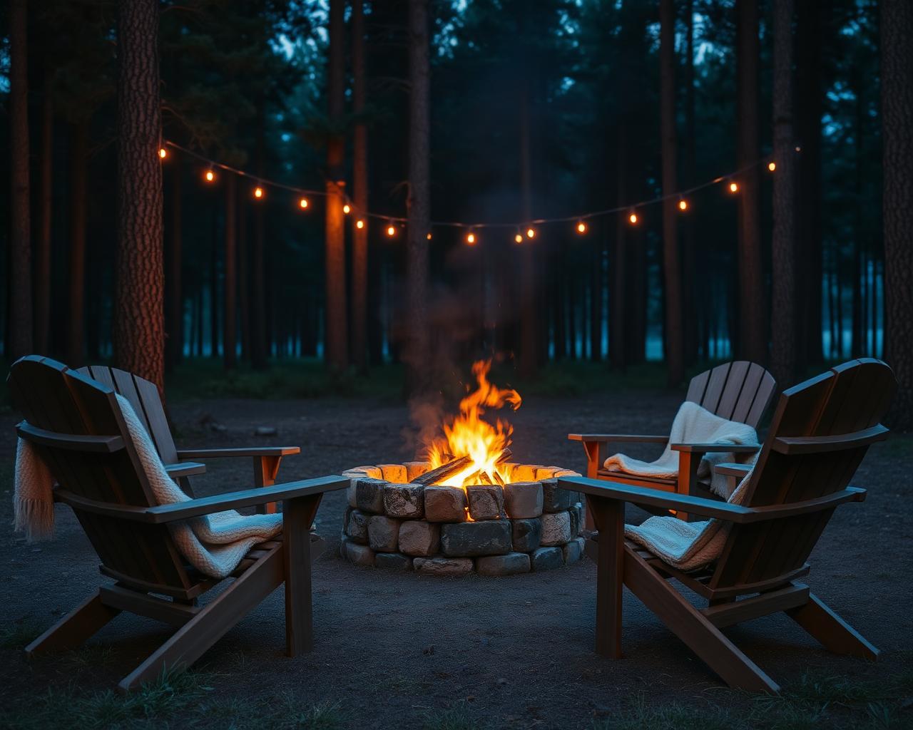 A stone fire pit with crackling flames surrounded by wooden chairs with cream blankets, under warm string lights in the forest at dusk