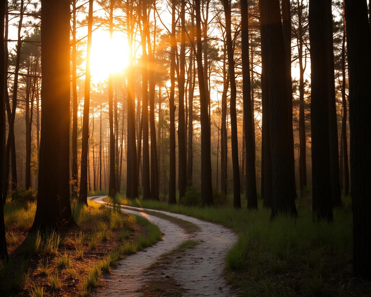 Golden sunlight streaming through a longleaf pine forest onto a winding sandy path