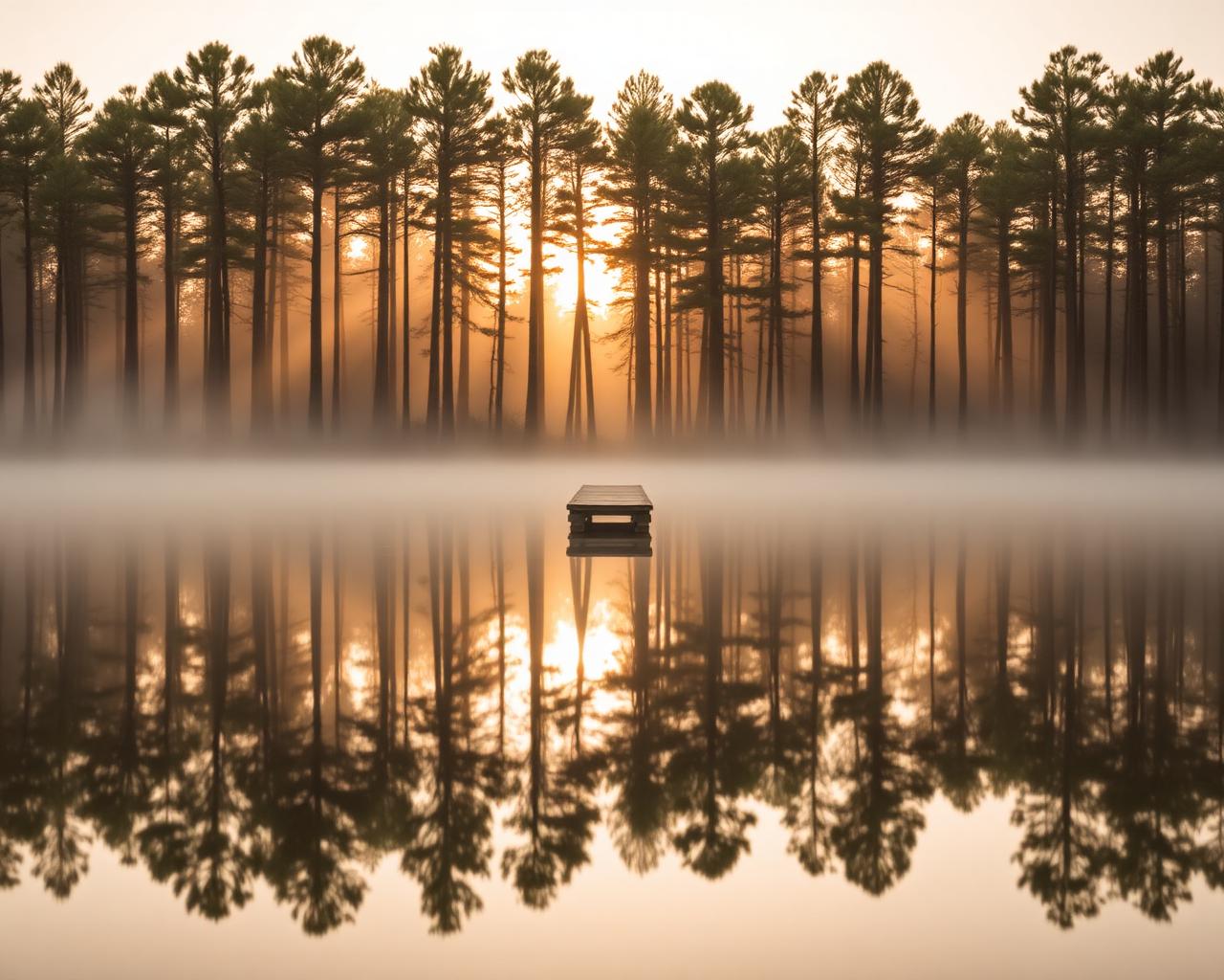 A still pond at dawn reflecting a wall of longleaf pines, with soft mist hovering over the water and a small wooden dock