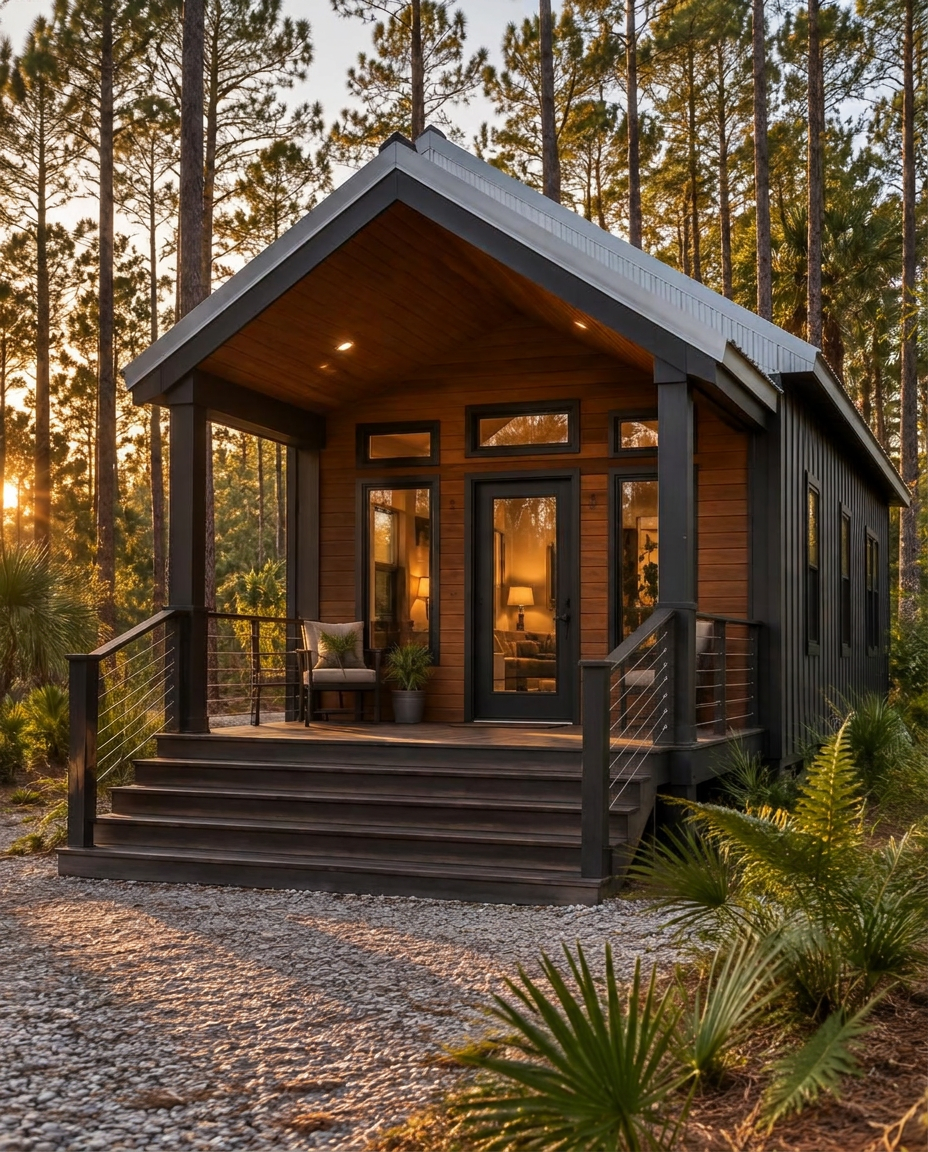 A 399-square-foot park-model tiny home with a corrugated-metal gable roof, dark charcoal board-and-batten siding, and a warm wood porch with a cable railing, set in a Louisiana pine forest at golden hour